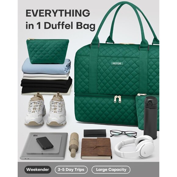 Hotor Women Dark Green Large Overnight with Shoe Compartment Travel Duffel Bag - Picture 3 of 8